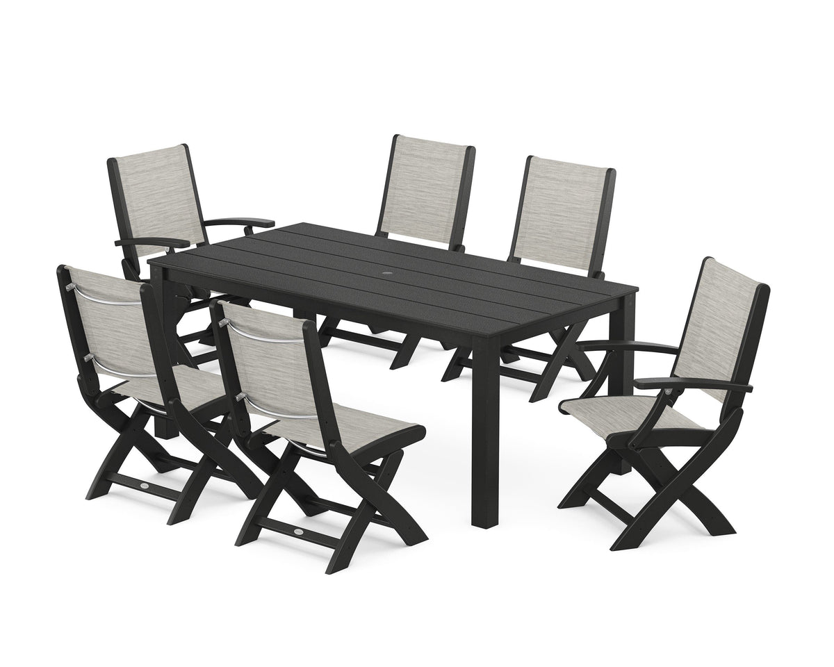POLYWOOD Coastal Folding Chair 7-Piece Parsons Dining Set with Coastal Folding Side Chair in Black / Birch