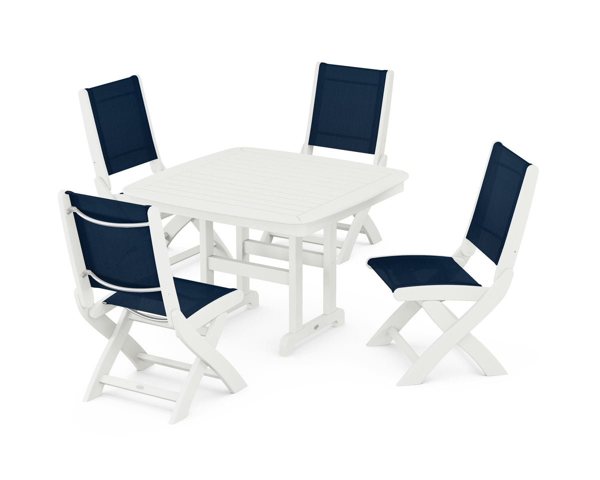 POLYWOOD Coastal Folding Side Chair 5-Piece Dining Set with Nautical 44" Dining Table in Vintage White / Navy Blue