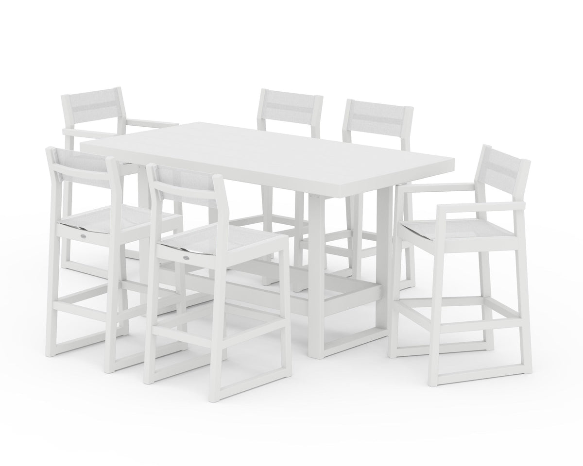 POLYWOOD EDGE Sling 7-Piece Bar Table Set in White / White