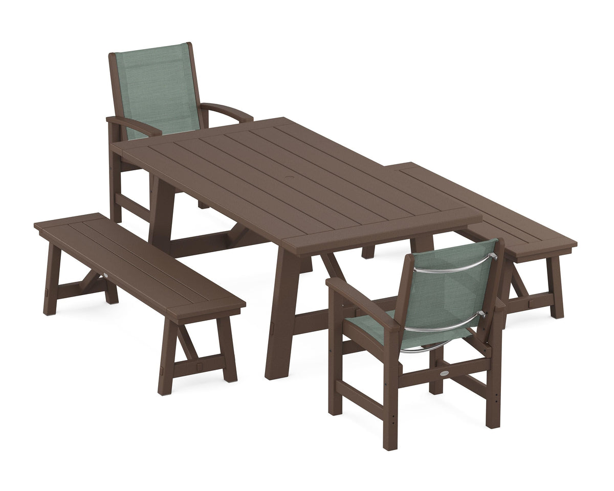 POLYWOOD Coastal 5-Piece Rustic Farmhouse Dining Set With Benches in Mahogany / Dupioni Sea Mist