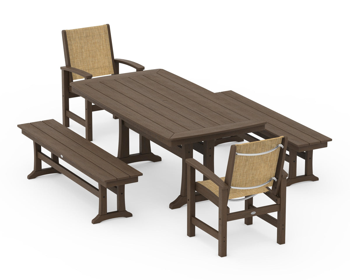 POLYWOOD Coastal 5-Piece Dining Set with Trestle Legs and Benches in Kona / Burlap