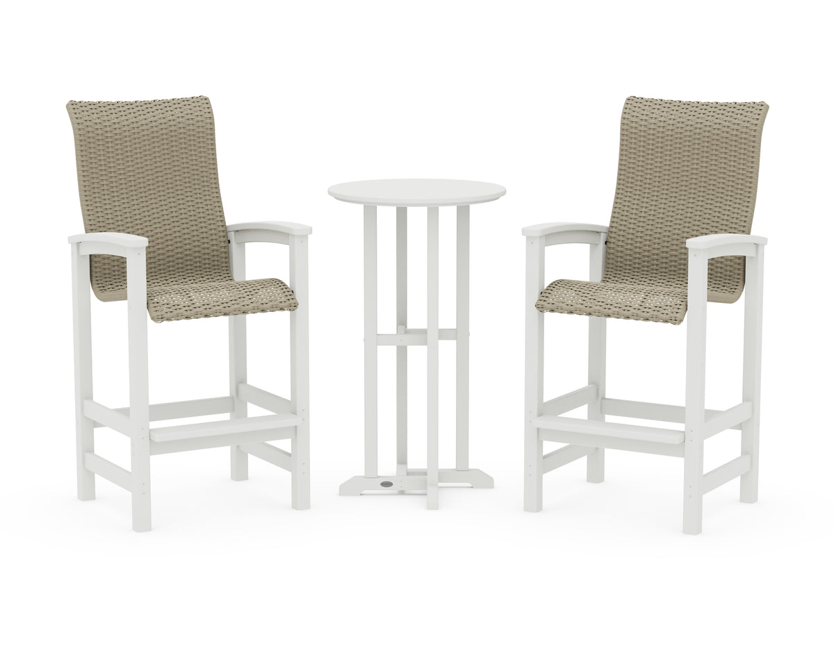 POLYWOOD Coastal Woven High-Back 3-Piece Farmhouse Bar Set in Vintage White / Dune Grass