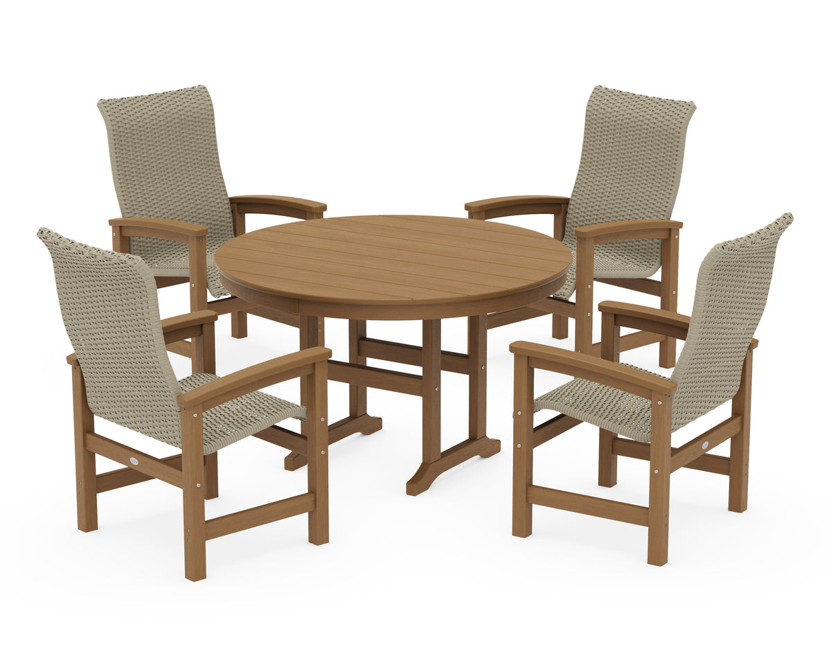 POLYWOOD Coastal Woven High-Back 5-Piece Round Farmhouse Dining Set in Natural / Dune Grass
