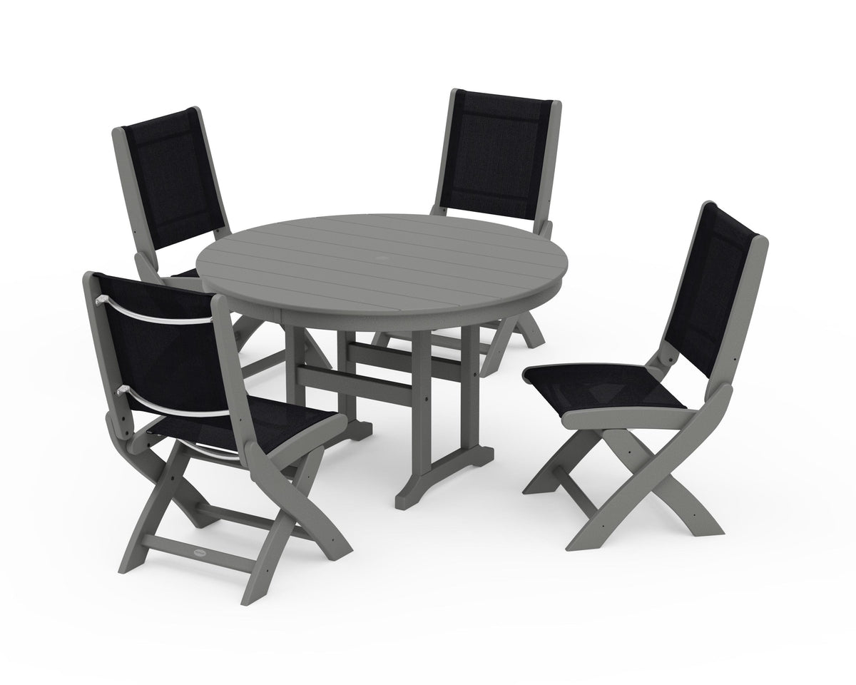 POLYWOOD Coastal Folding Side Chair 5-Piece Round Dining Set in Slate Grey / Black