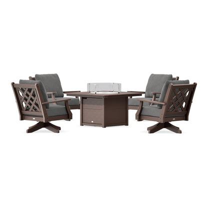POLYWOOD Country Living Wovendale 5-Piece Deep Seating Swivel Conversation Set with Fire Pit Table in Mahogany