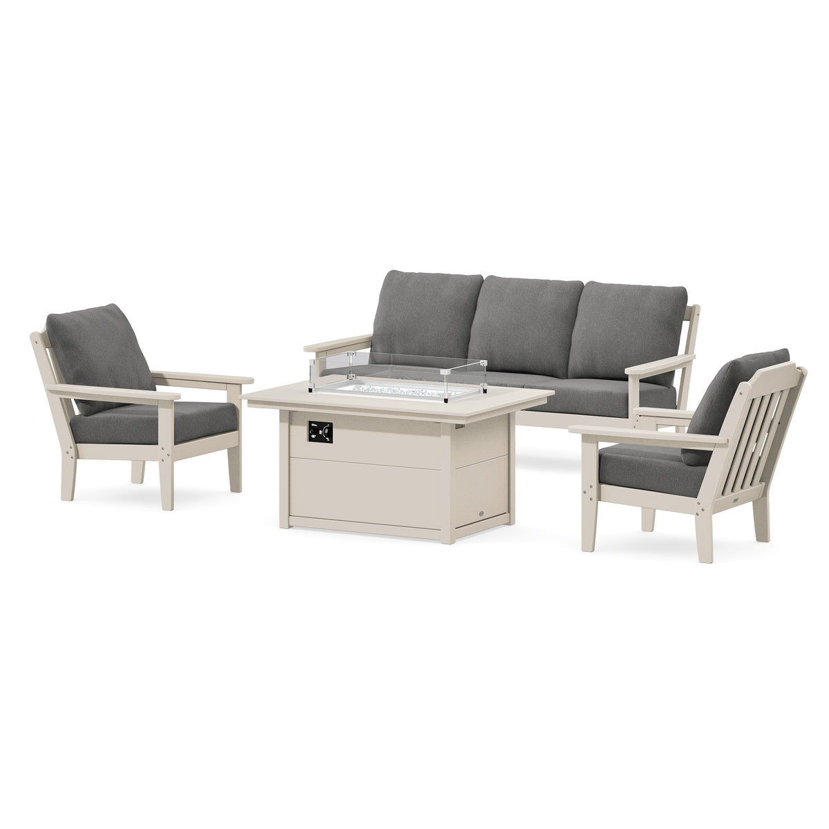 POLYWOOD Country Living Cottage Deep Seating Fire Pit Table Set in Sand