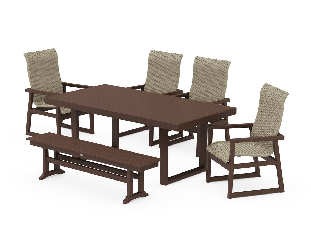 POLYWOOD EDGE Woven High-Back 6-Piece Dining Set with Bench in Mahogany / Dune Grass