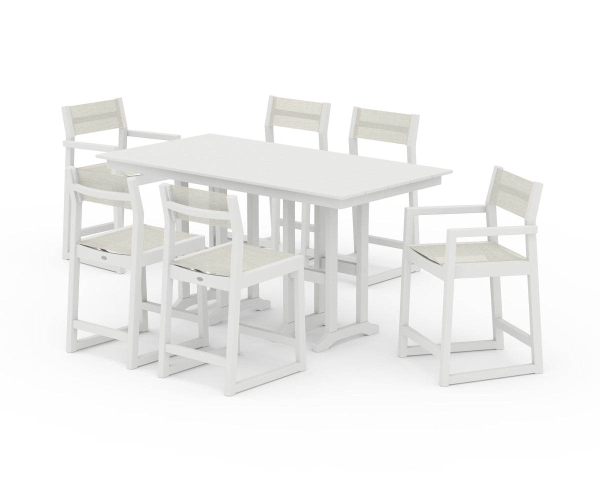 POLYWOOD EDGE Sling 7-Piece Farmhouse Counter Set with Trestle Legs in Vintage White / Parchment