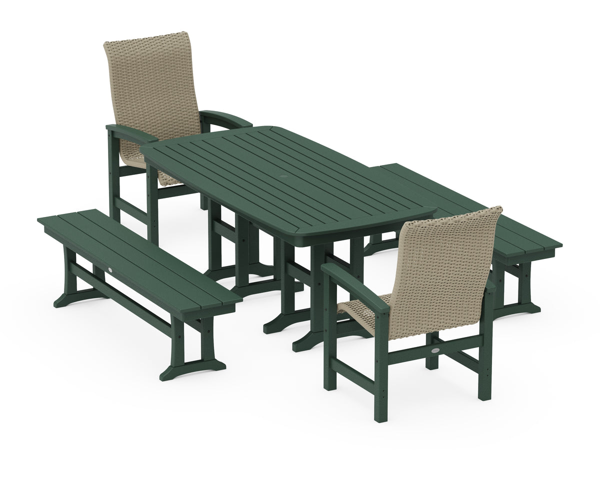 POLYWOOD Coastal Woven High-Back 5-Piece Dining Set with Benches in Green / Dune Grass