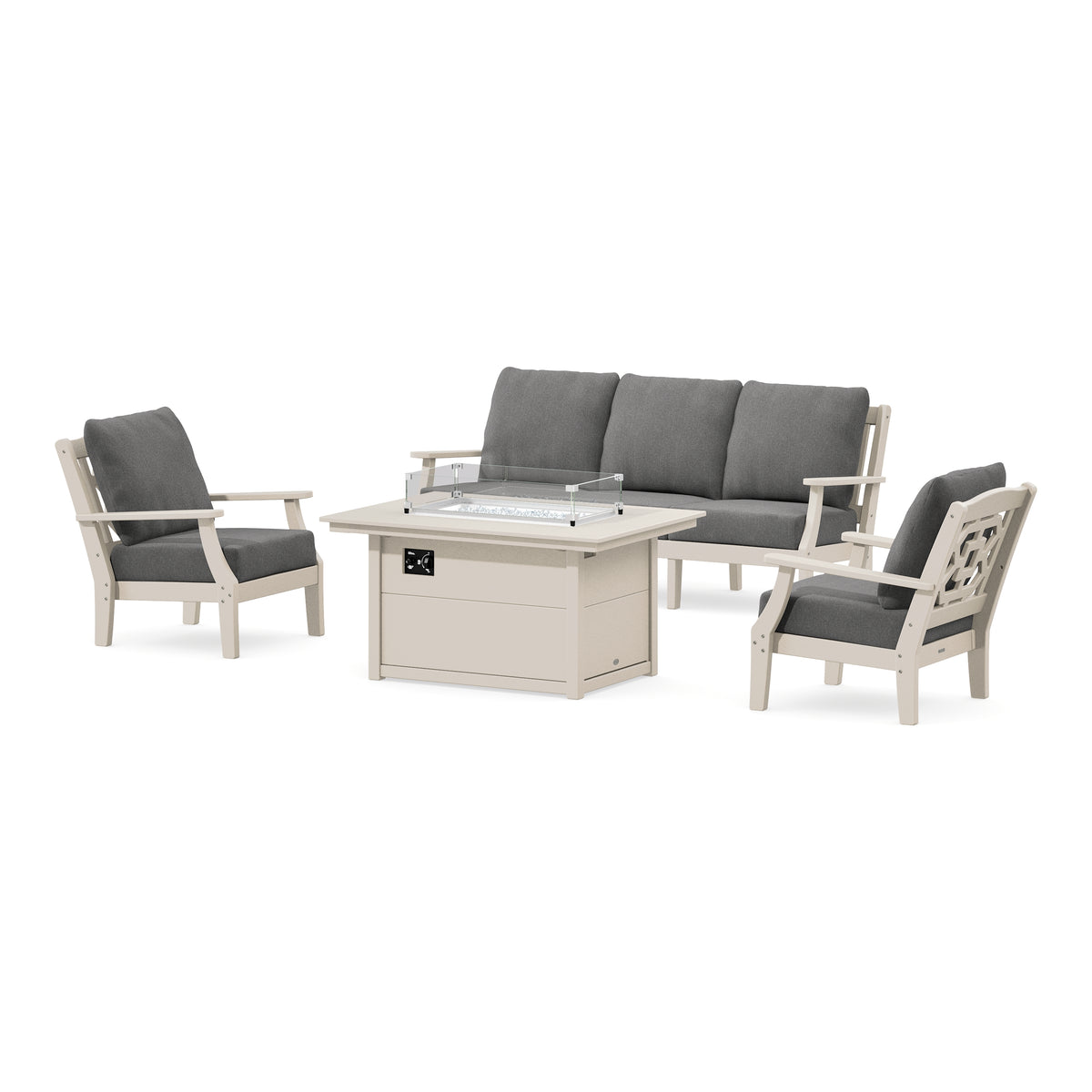 POLYWOOD Chinoiserie Deep Seating Fire Pit Table Set in Sand