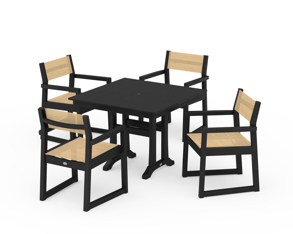 POLYWOOD EDGE Sling 5-Piece Farmhouse Dining Set with Trestle Legs in Black / Dupioni Apricot