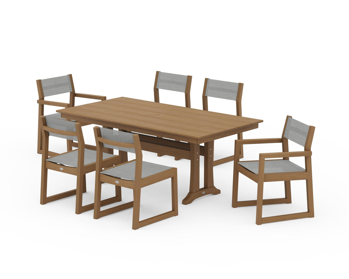 POLYWOOD EDGE Sling 7-Piece Farmhouse Trestle Dining Set in Natural / Metallic