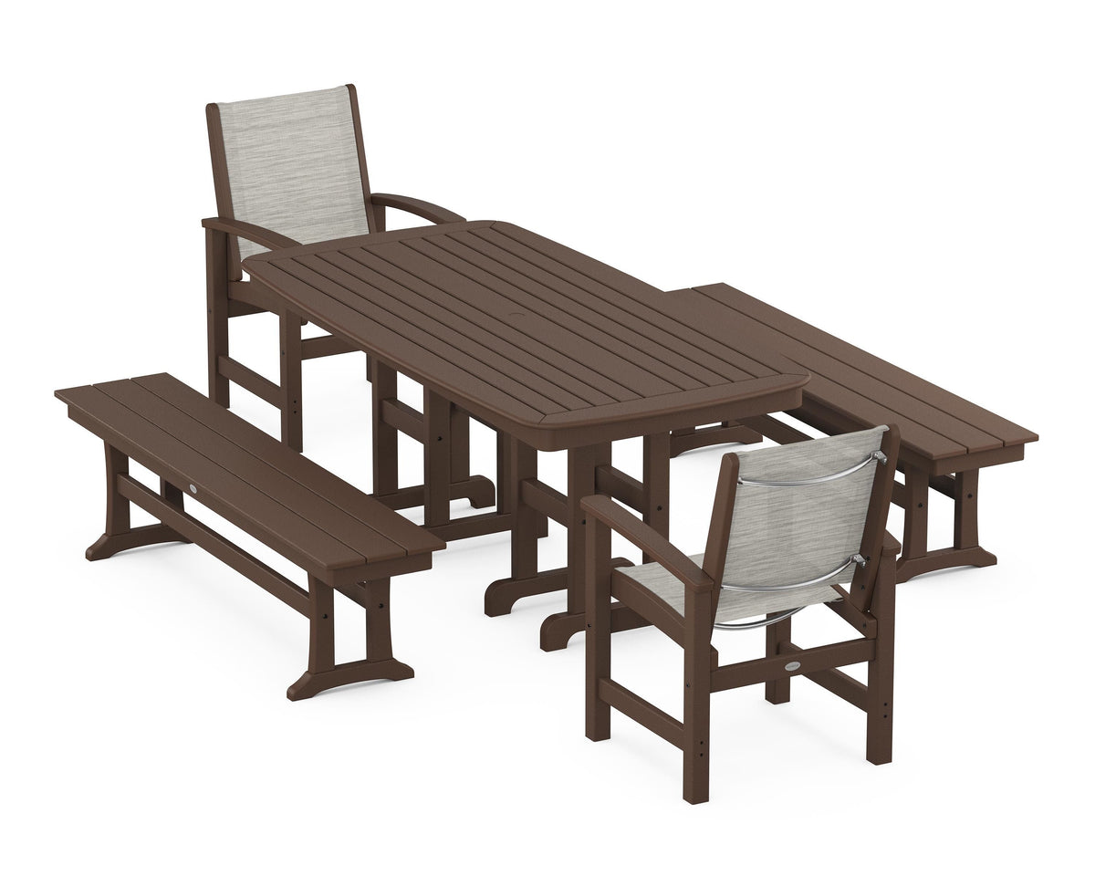 POLYWOOD Coastal 5-Piece Dining Set with Nautical 37" x 72" Dining Table in Mahogany / Birch