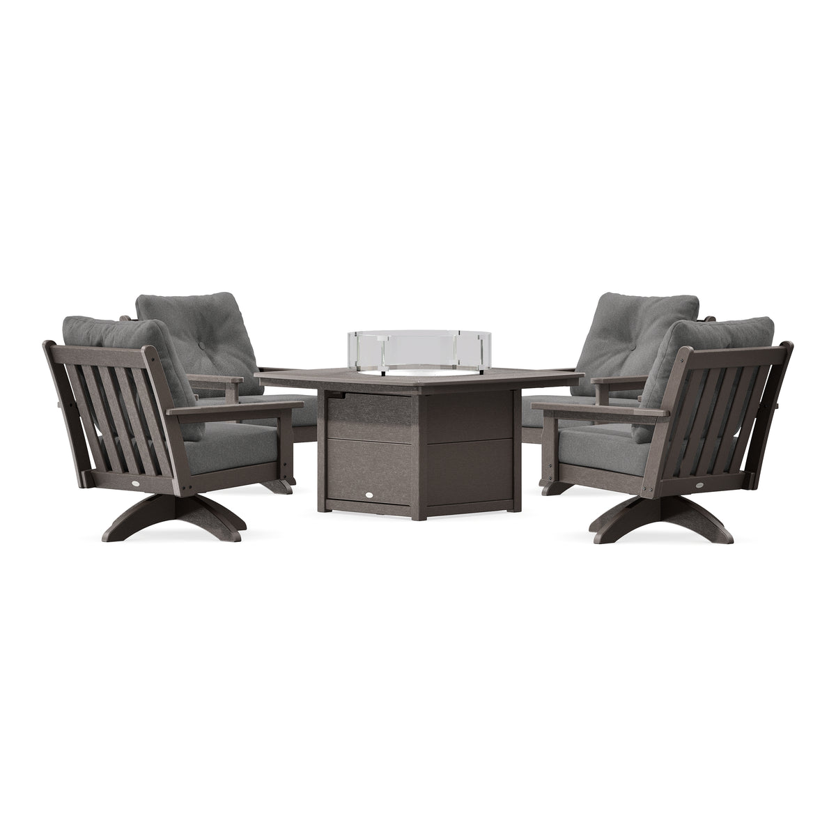POLYWOOD Vineyard 5-Piece Deep Seating Swivel Conversation Set with Fire Pit Table in Vintage Coffee