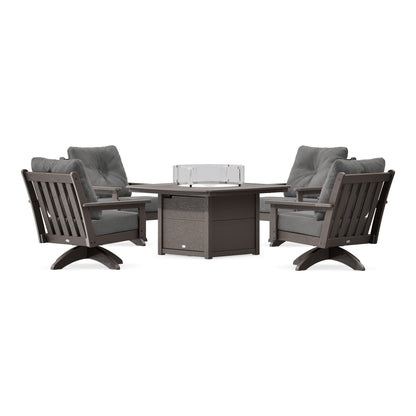 POLYWOOD Vineyard 5-Piece Deep Seating Swivel Conversation Set with Fire Pit Table in Vintage Coffee