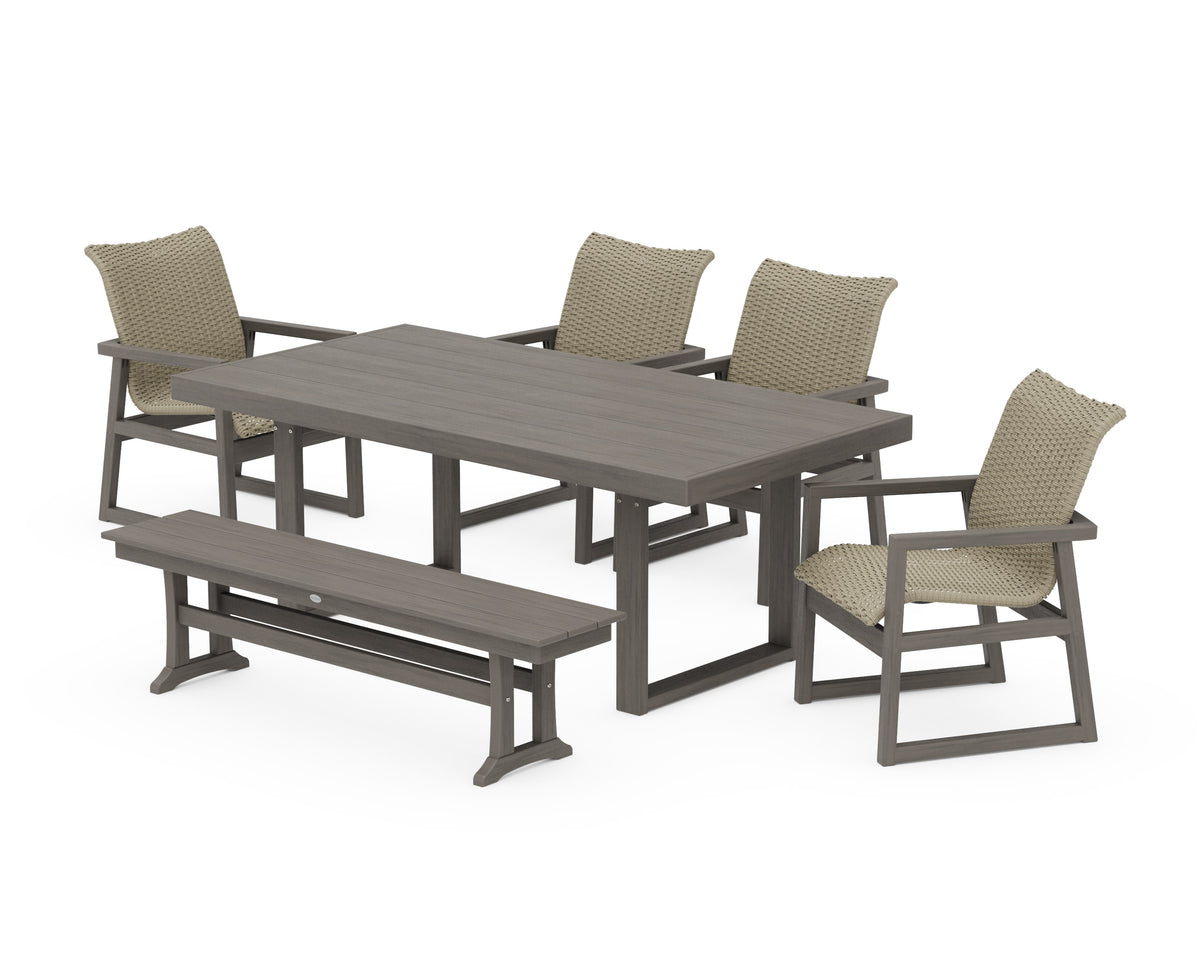 POLYWOOD EDGE Woven 6-Piece Dining Set with Bench in Driftwood / Dune Grass