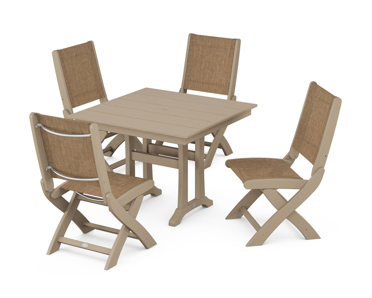 POLYWOOD Coastal Folding Side Chair 5-Piece Farmhouse Dining Set With Trestle Legs in Vintage Sahara / Burlap