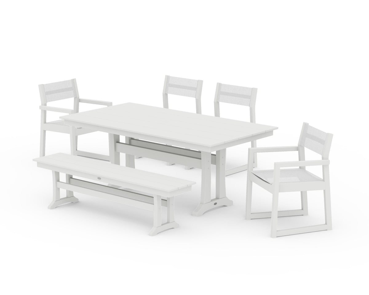 POLYWOOD EDGE Sling 6-Piece Farmhouse Dining Set With Trestle Legs in Vintage White / White