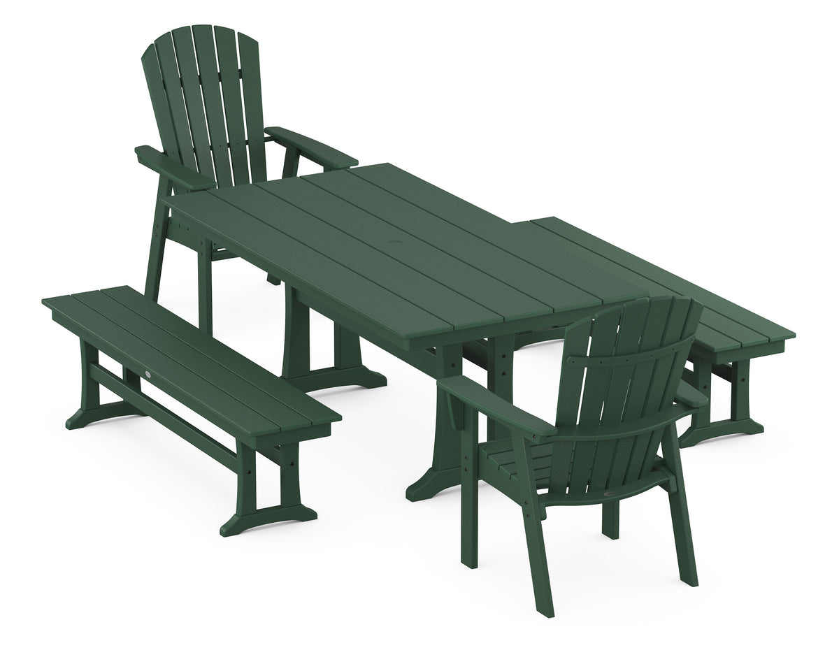 POLYWOOD Nautical Adirondack 5-Piece Farmhouse Dining Set with Trestle Legs - 37" x 72" Table in Green