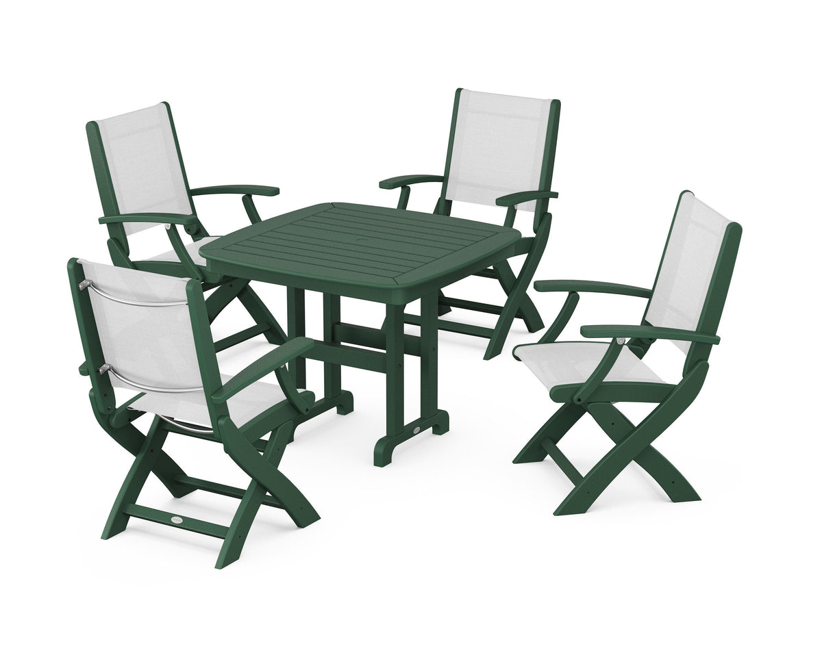 POLYWOOD Coastal Folding Chair 5-Piece Dining Set with Nautical 37" Dining Table in Green / White