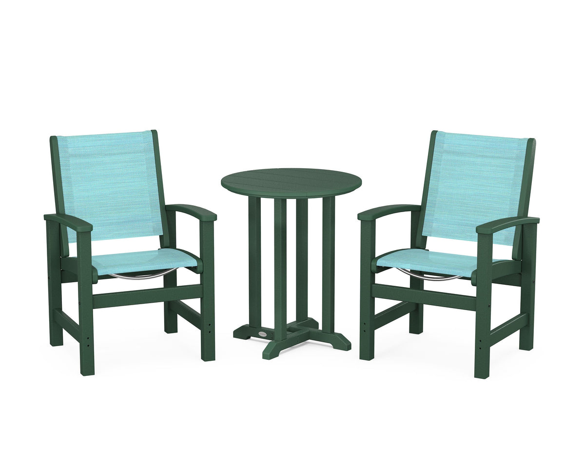 POLYWOOD Coastal 3-Piece Round Bistro Dining Set in Green / Dupioni Aquamarine