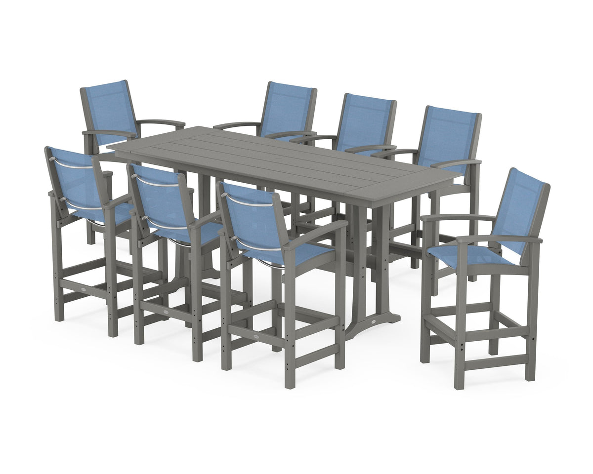 POLYWOOD Coastal 9-Piece Farmhouse Bar Set with Trestle Legs in Slate Grey / Poolside