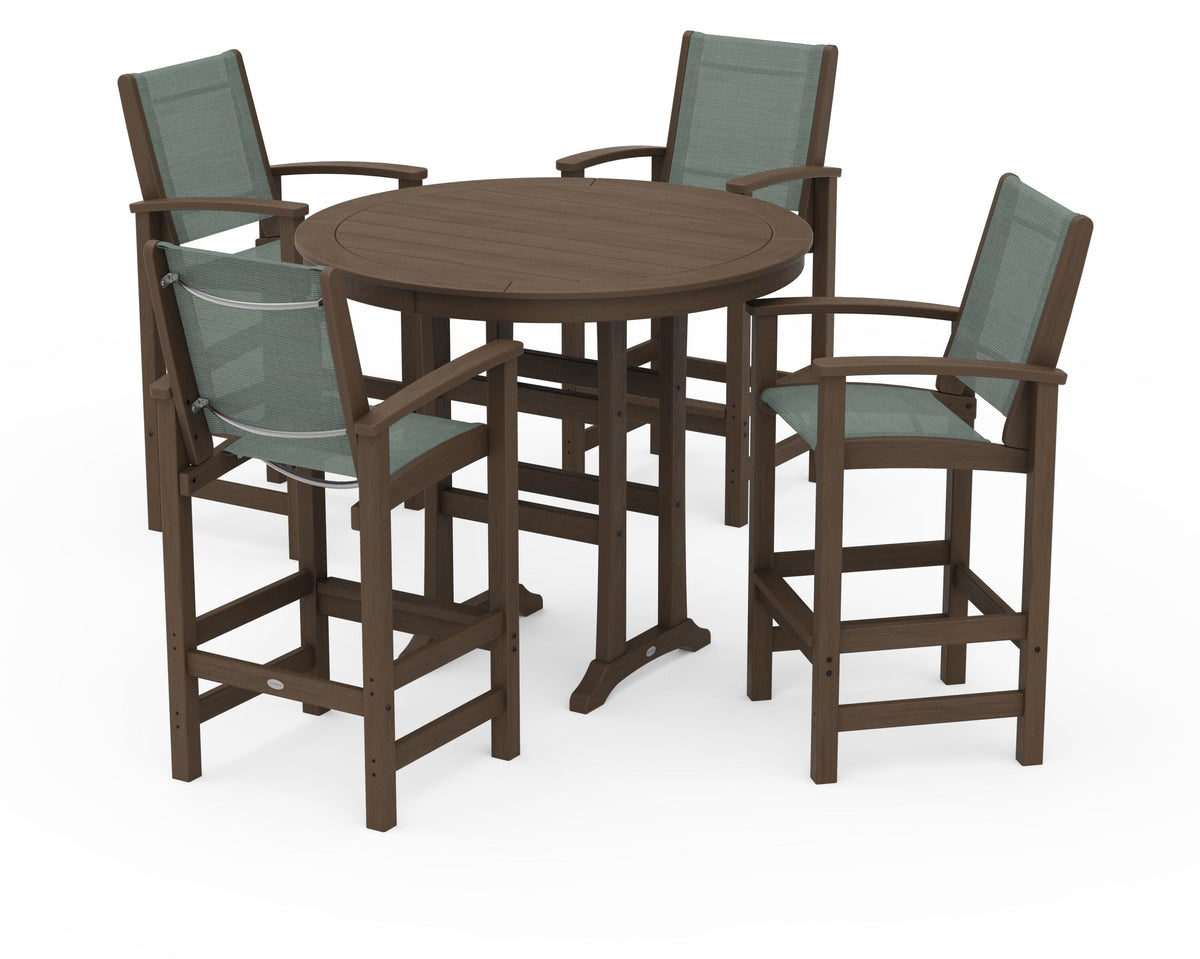 POLYWOOD Coastal 5-Piece Nautical Trestle Bar Set in Kona / Dupioni Sea Mist