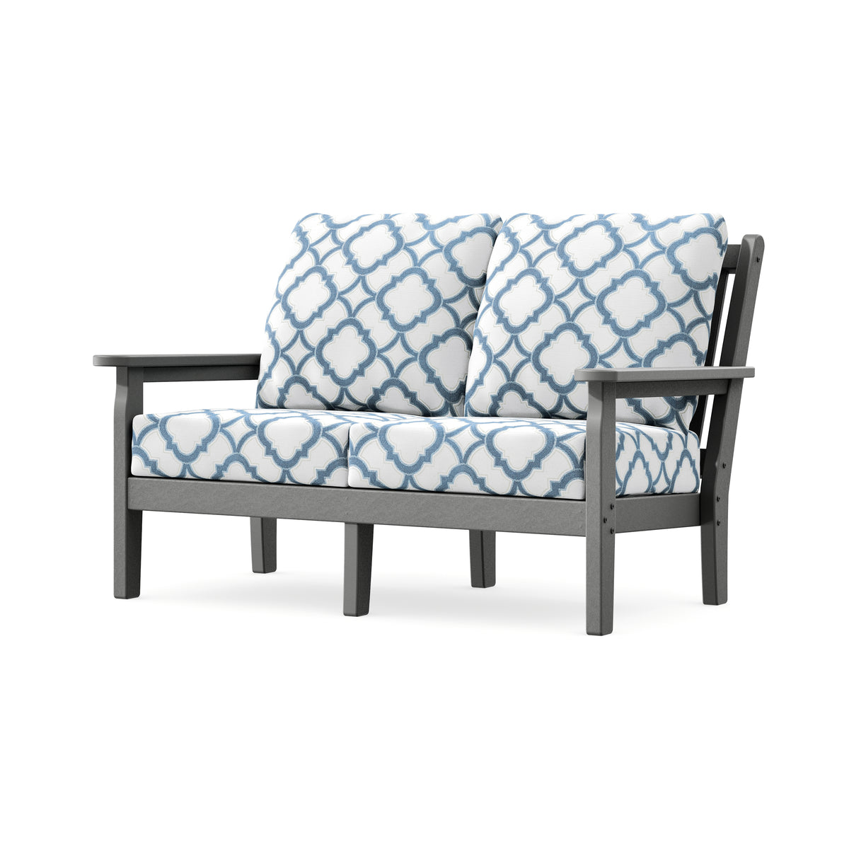 POLYWOOD Chippendale Deep Seating Loveseat in Slate Grey / Trellis Sky Blue