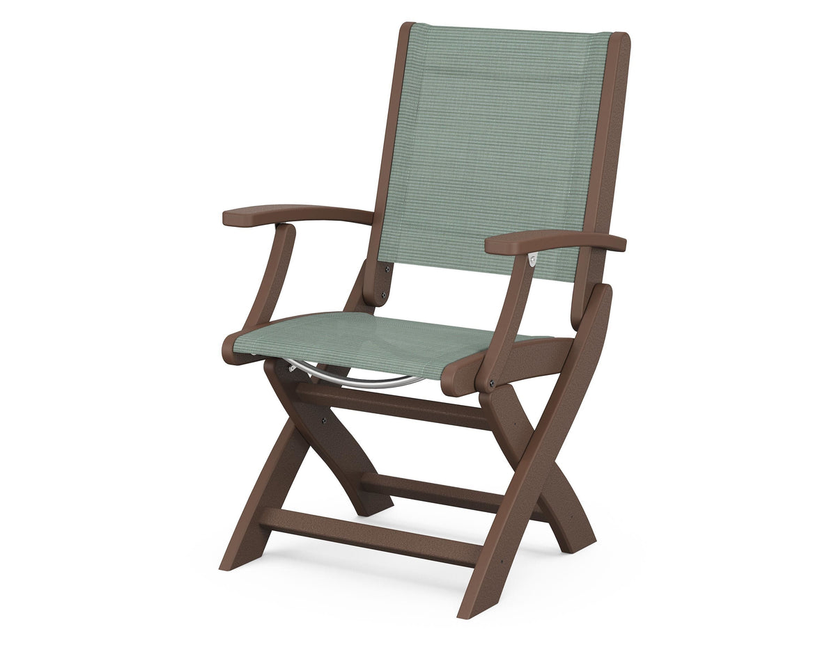 POLYWOOD Coastal Folding Chair in Mahogany with Mahogany arms and Dupioni Sea Mist sling