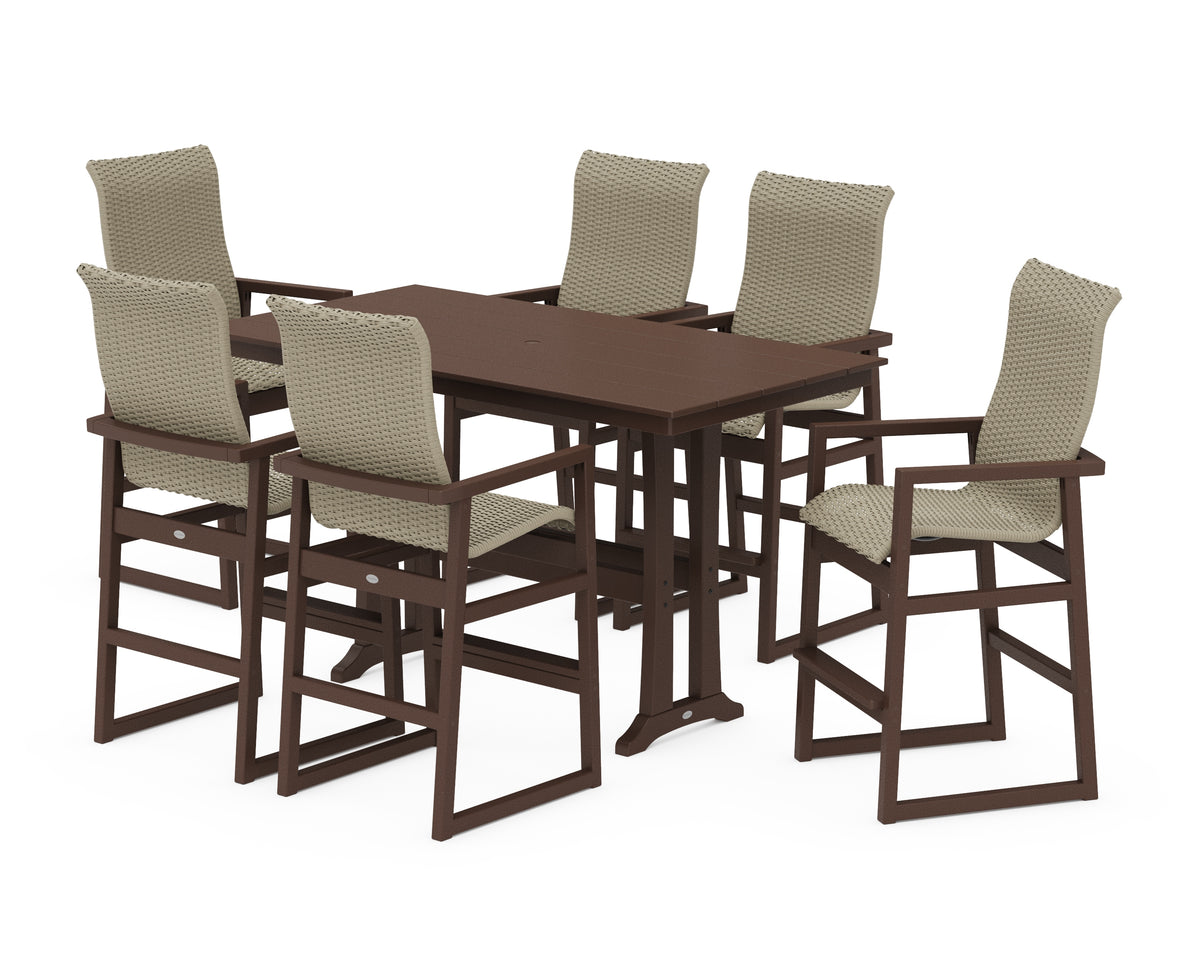 POLYWOOD EDGE Woven Highback Arm Chair 7-Piece Farmhouse Bar Set with Trestle Legs in Mahogany / Dune Grass