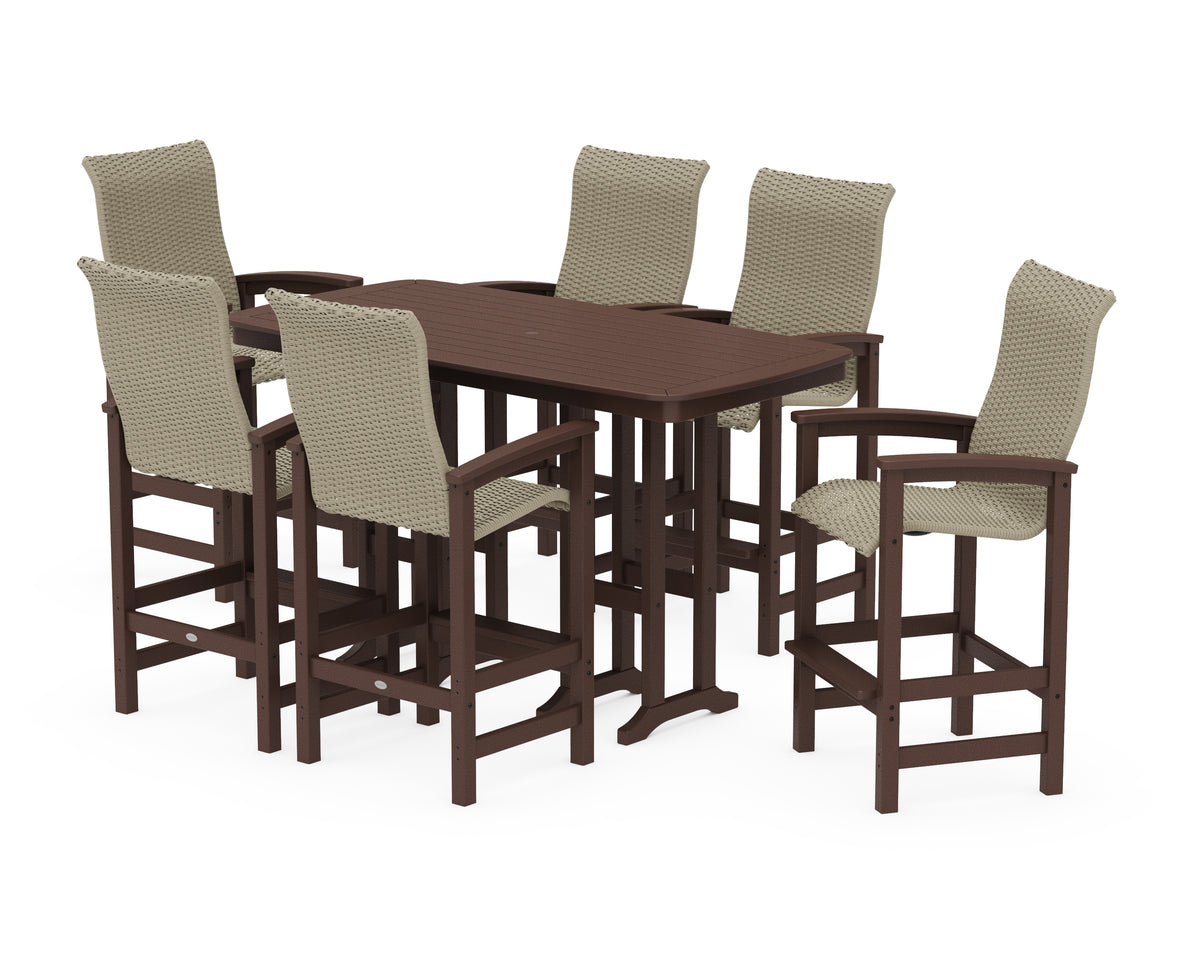 POLYWOOD Coastal Woven High-Back Arm Chair 7-Piece Bar Set in Mahogany / Dune Grass