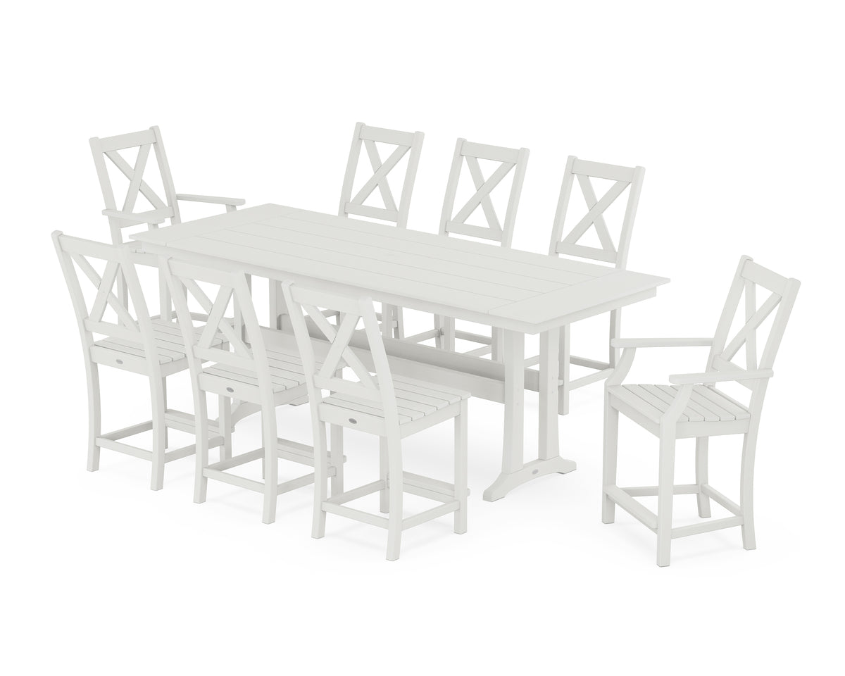 POLYWOOD Braxton 9-Piece Farmhouse Counter Set with Trestle Legs in Vintage White
