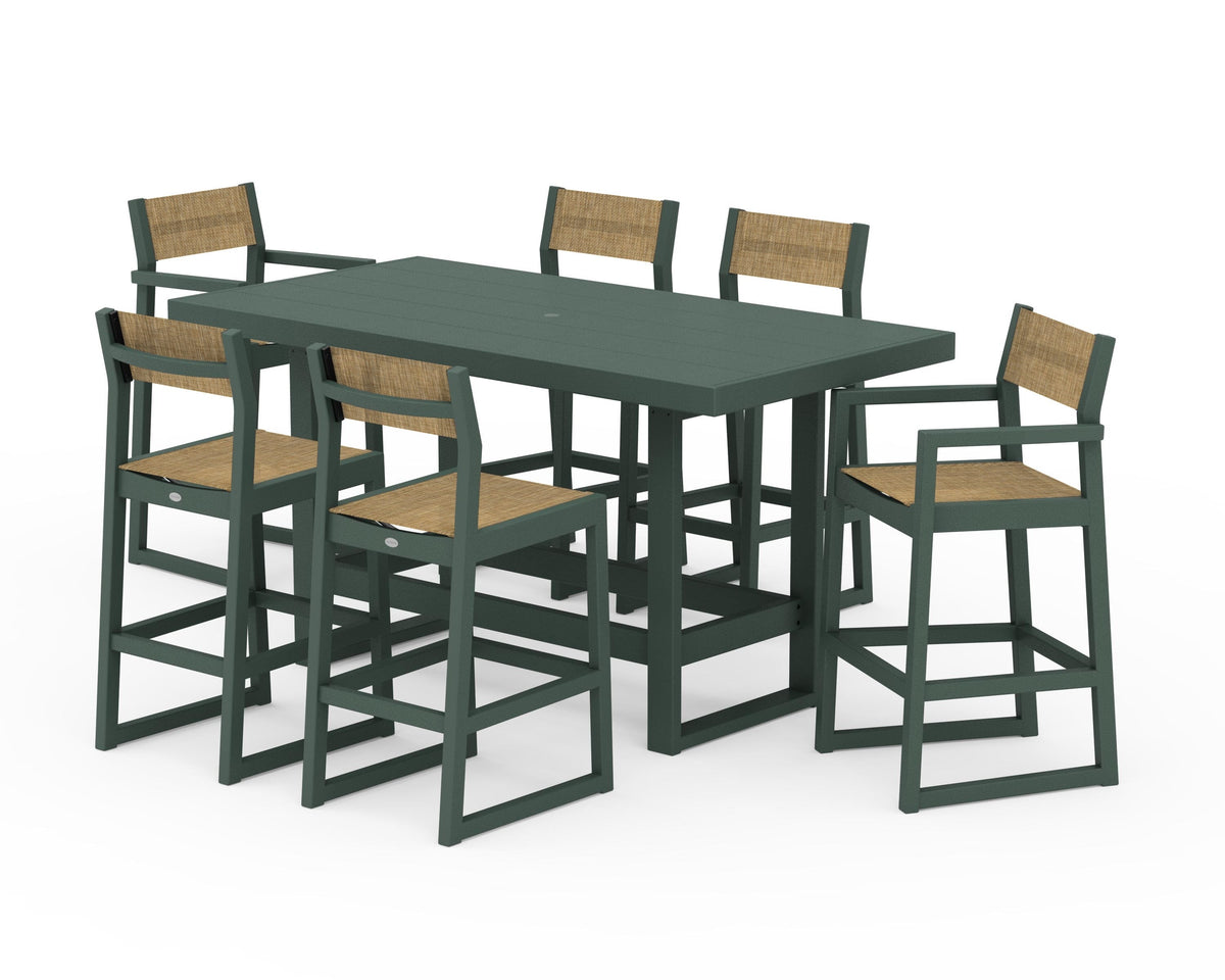 POLYWOOD EDGE Sling 7-Piece Bar Table Set in Green / Burlap