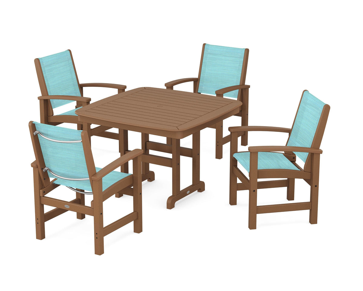 POLYWOOD Coastal 5-Piece Dining Set with Nautical 44" Dining Table in Teak / Dupioni Aquamarine