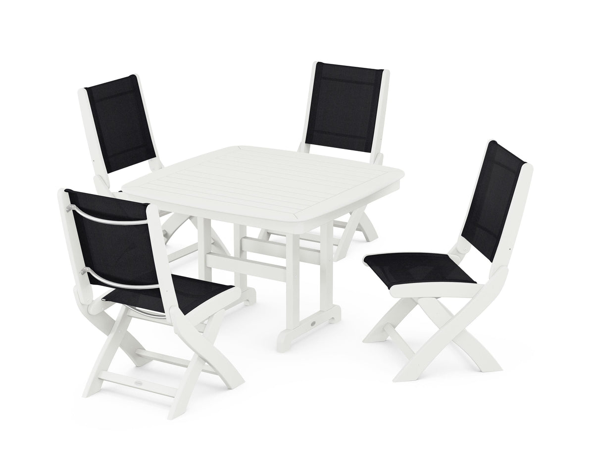 POLYWOOD Coastal Folding Side Chair 5-Piece Dining Set with Nautical 44" Dining Table in Vintage White / Black