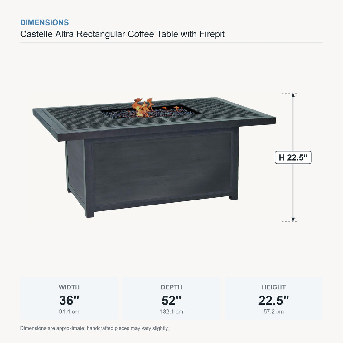 Castelle Altra Rectangular Coffee Table with Firepit dimensions