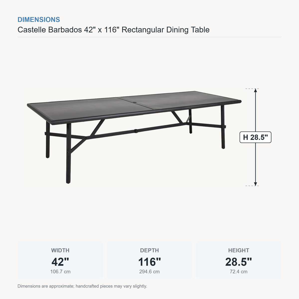 Castelle Barbados 42" x 116" Rectangular Dining Table dimensions