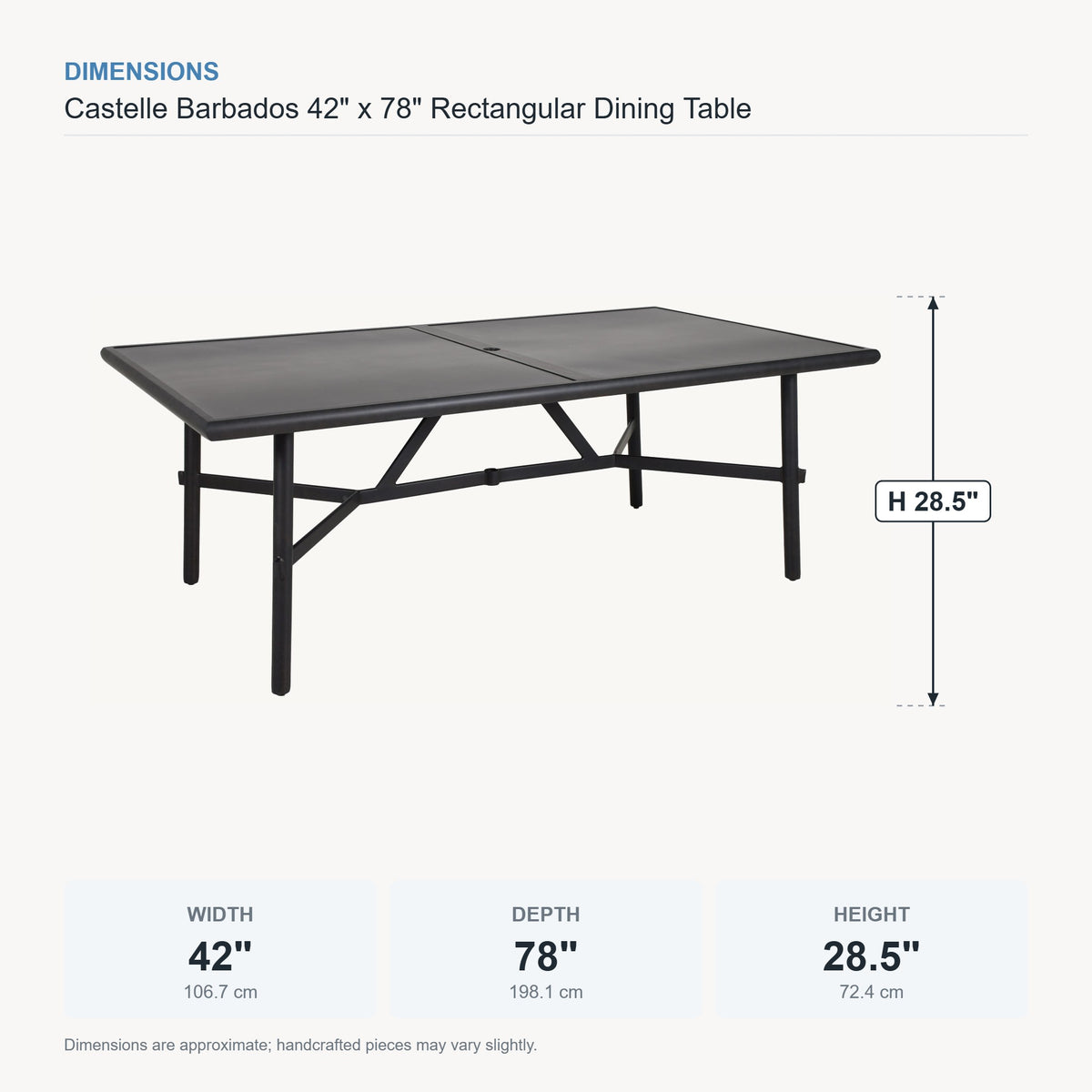 Castelle Barbados 42" x 78" Rectangular Dining Table dimensions