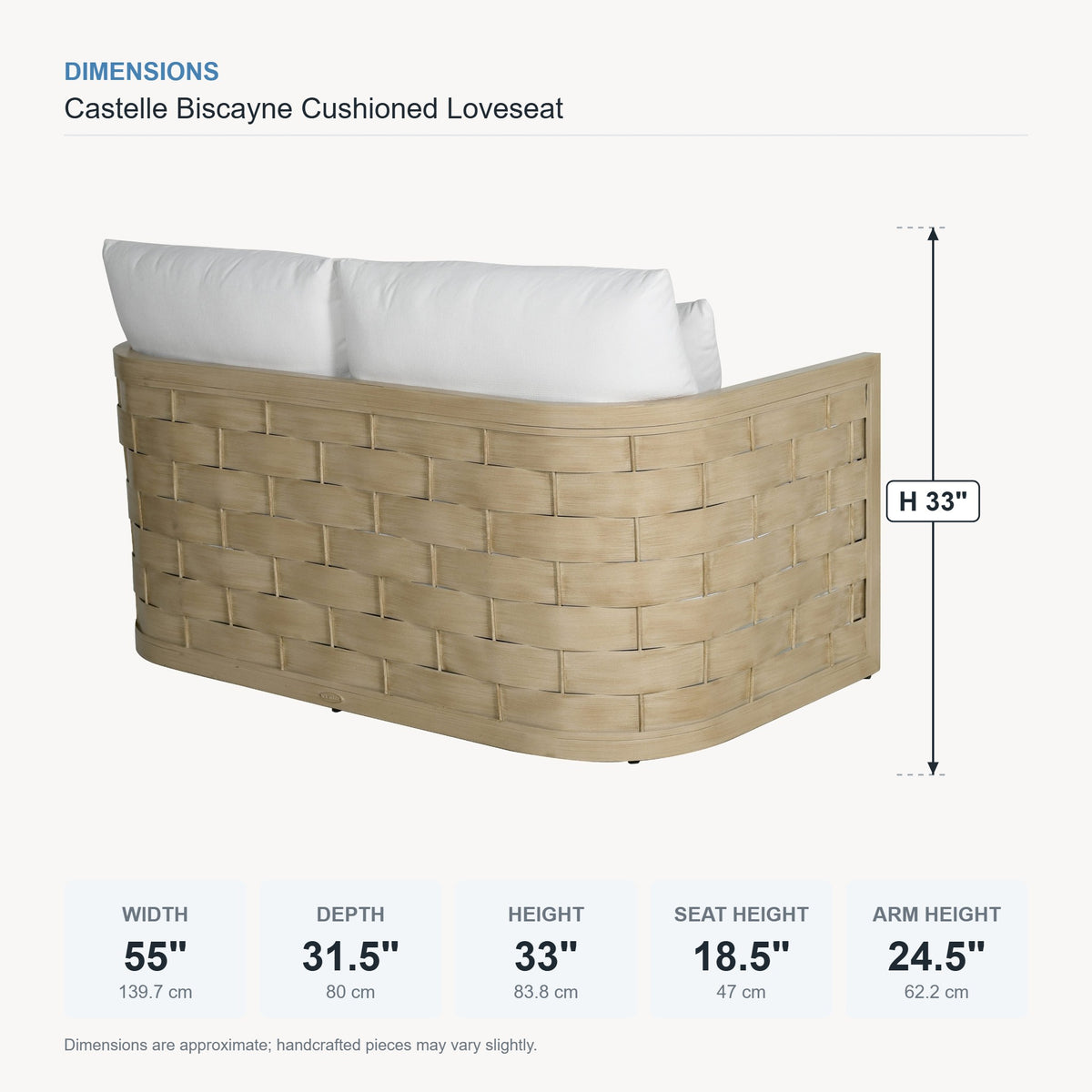 Castelle Biscayne Cushioned Loveseat dimensions