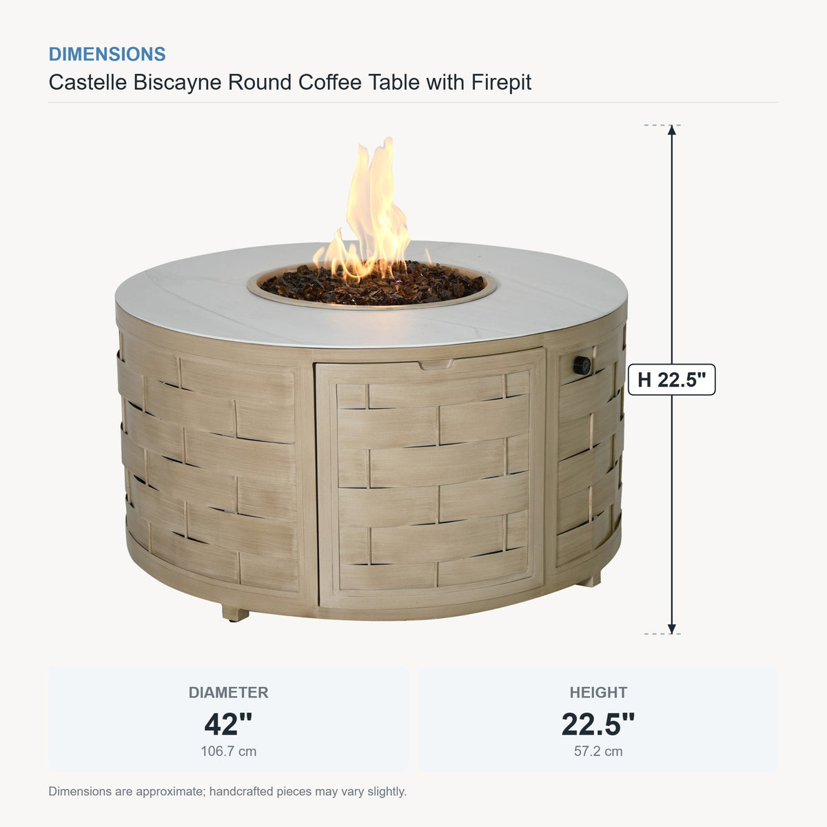 Castelle Biscayne Round Coffee Table with Firepit dimensions