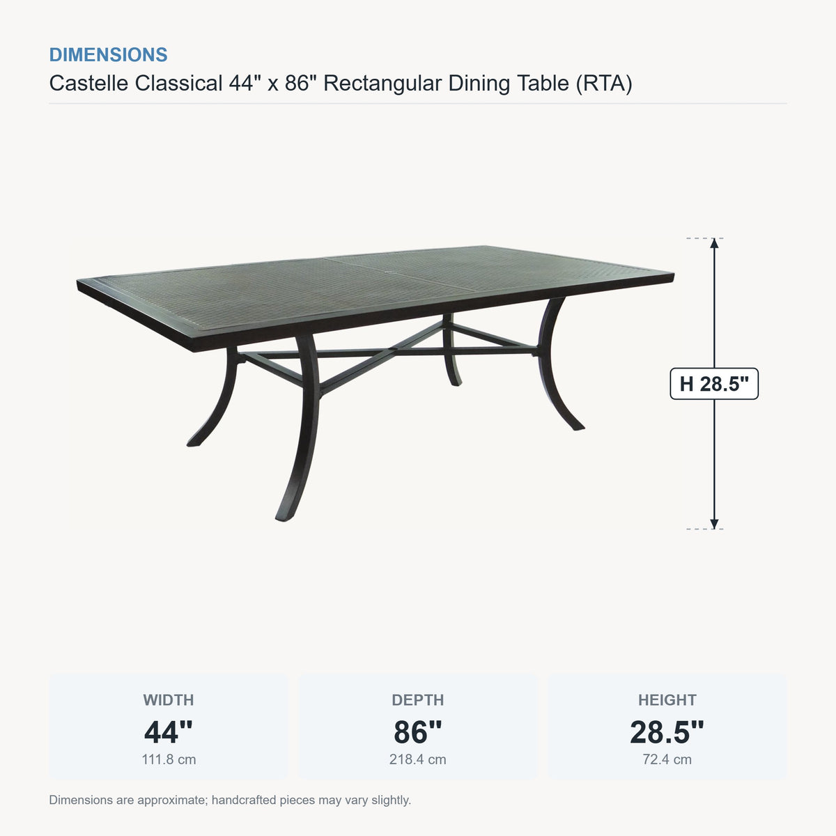 Castelle Classical 44" x 86" Rectangular Dining Table (RTA) dimensions