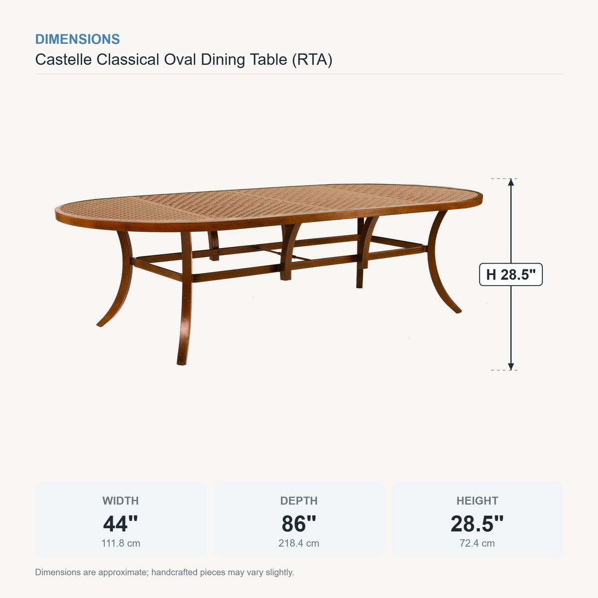 Castelle Classical Oval Dining Table (RTA) dimensions