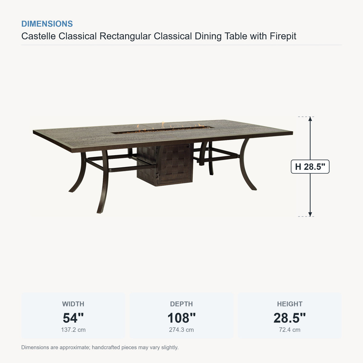 Castelle Classical Rectangular Classical Dining Table with Firepit dimensions