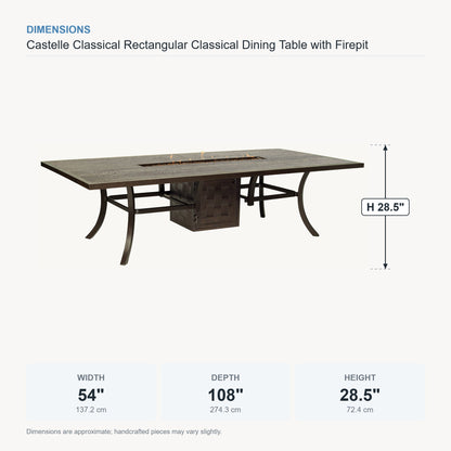 Castelle Classical Rectangular Classical Dining Table with Firepit dimensions