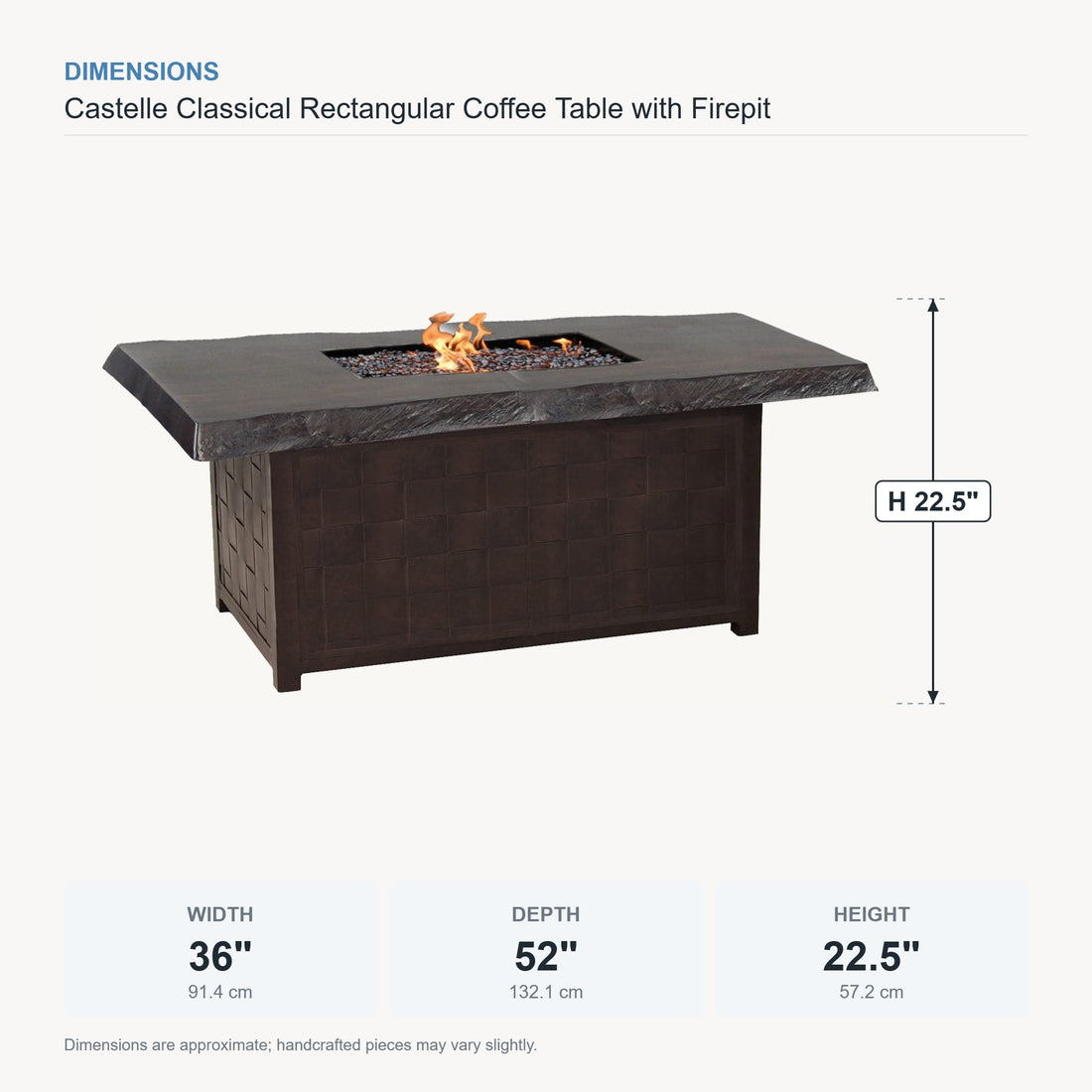 Castelle Classical Rectangular Coffee Table with Firepit dimensions