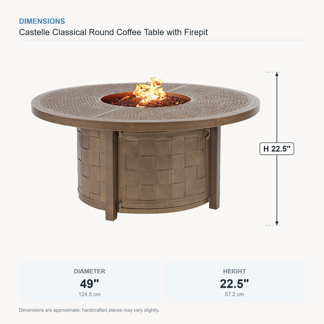 Castelle Classical Round Coffee Table with Firepit dimensions