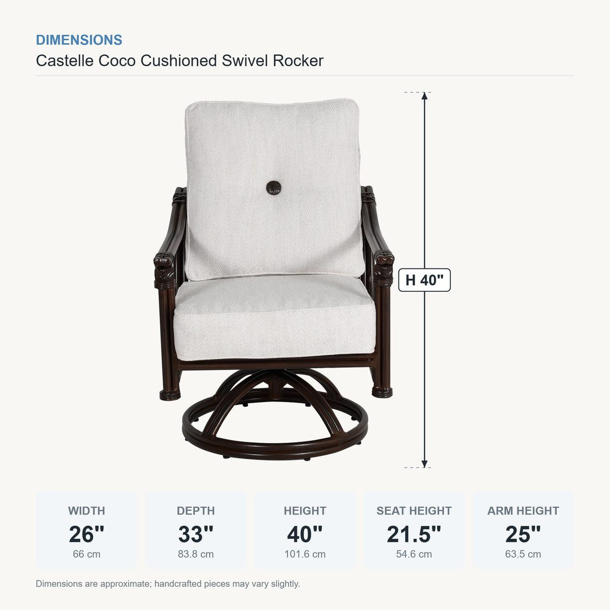 Castelle Coco Cushioned Swivel Rocker dimensions