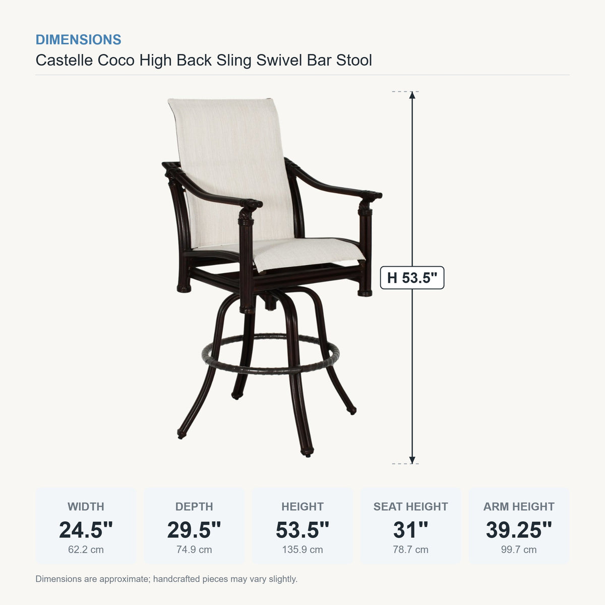 Castelle Coco High Back Sling Swivel Bar Stool dimensions