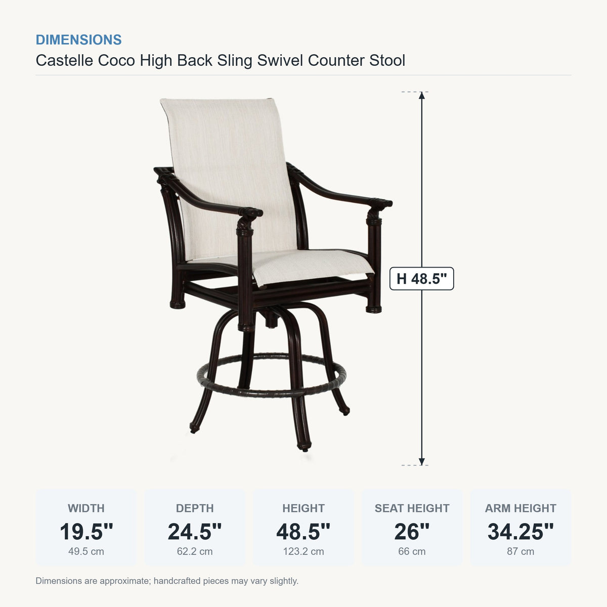 Castelle Coco High Back Sling Swivel Counter Stool dimensions