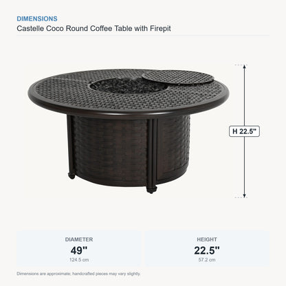 Castelle Coco Round Coffee Table with Firepit dimensions